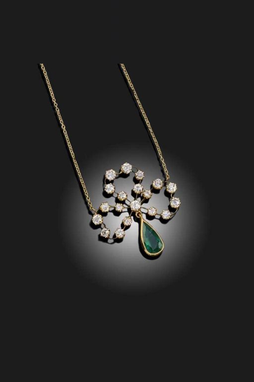 Gold Emerald and Diamond Pendant Necklace