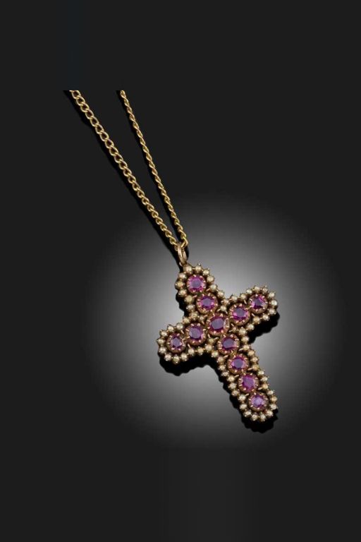 Gold Ruby and Pearl Pendant Necklace