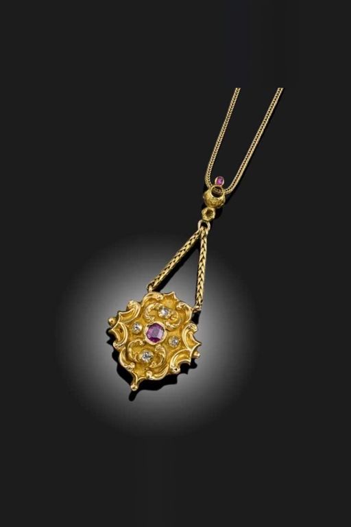 Gold Ruby and Diamond Pendant Necklace