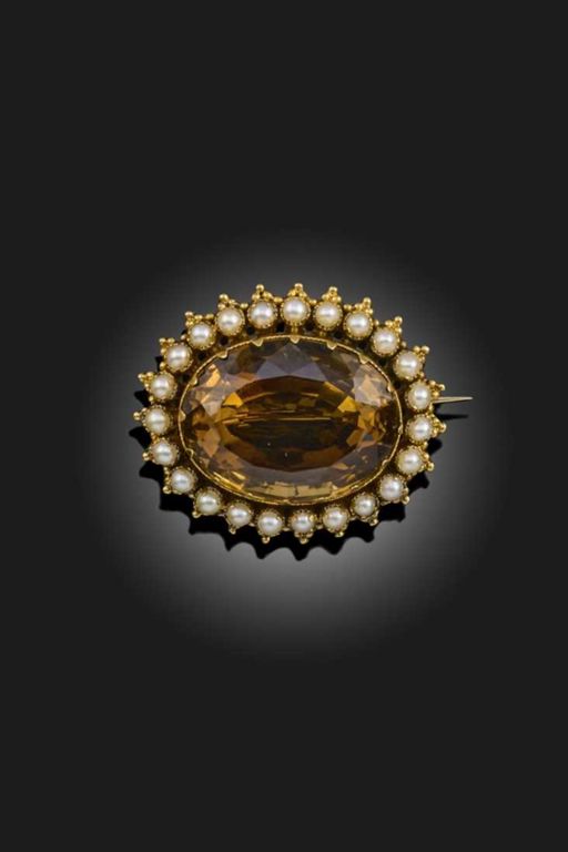 Gold Citrine and Pearl Brooch