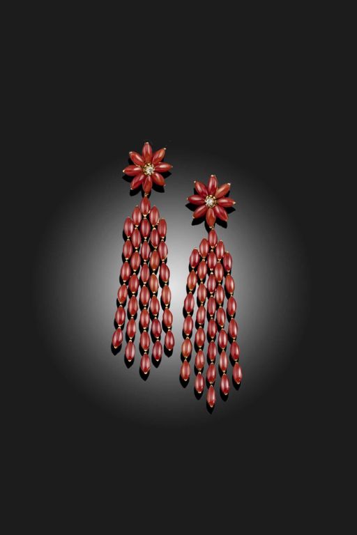 Pair of Gold Coral and Diamond Earrings