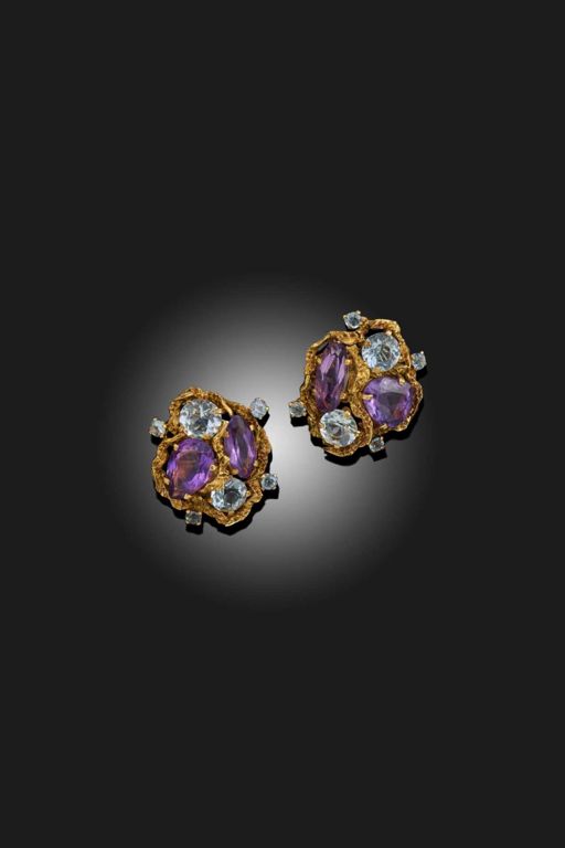Pair of Gold Aquamarine and Amethyst Earrings