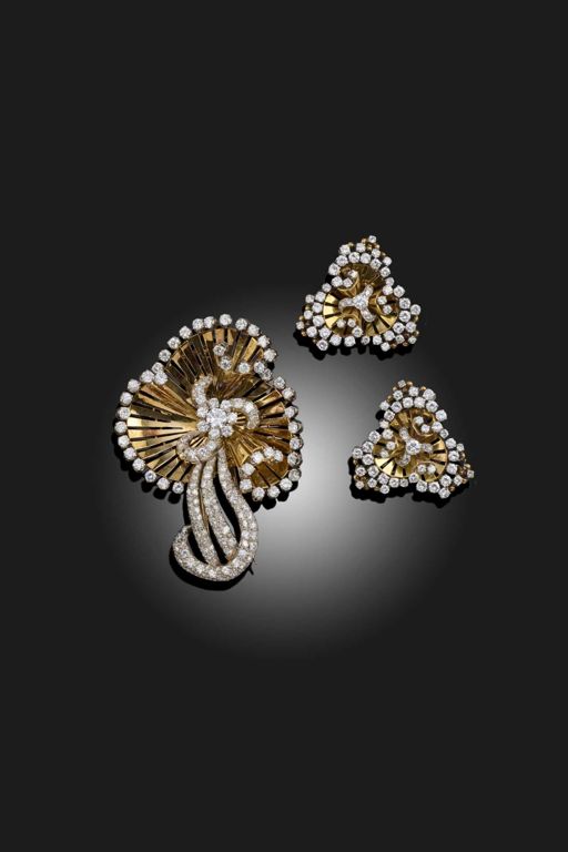 Gold Diamond Brooch and Earrings