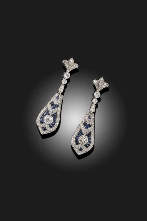 Pair of Platinum Sapphire and Diamond Earrings