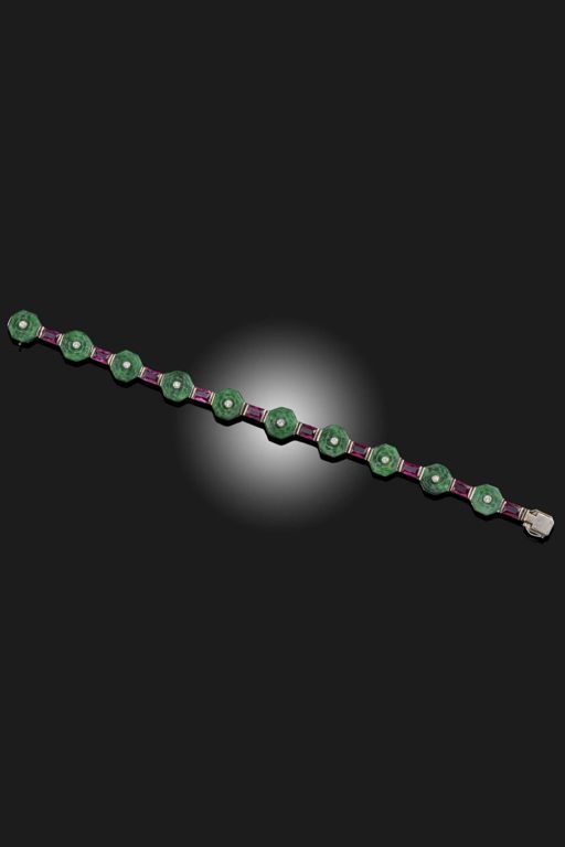 Gold Jadeite Diamond and Tourmaline Bracelet