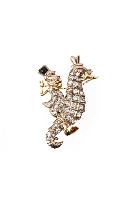 Gold Ruby, Diamond and Onyx Brooch