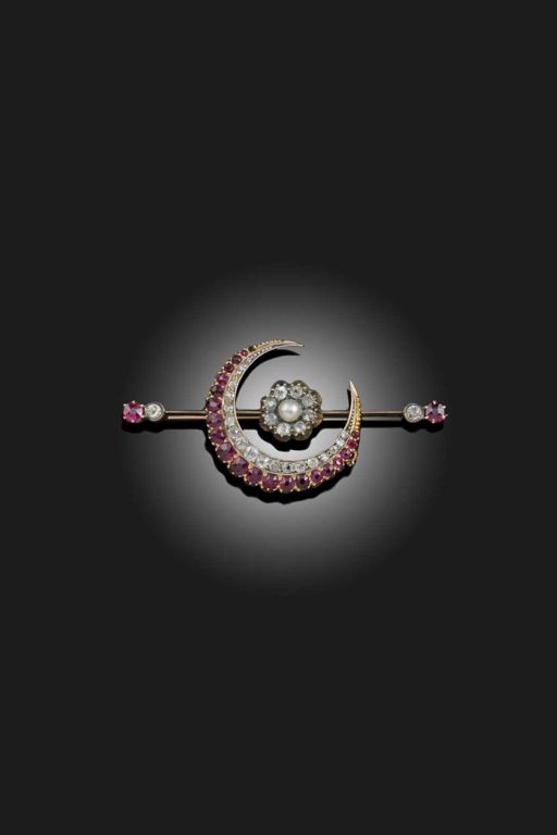 Gold Ruby Diamond and Pearl Brooch