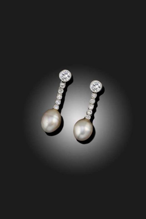 Pair of Platinum Pearl and Diamond Earrings