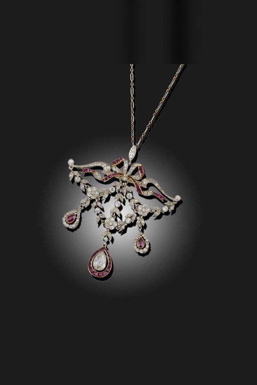 Platinum and Gold Ruby Diamond Pendant Necklace