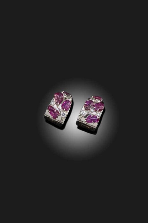 Pair of Gold Ruby and Diamond Earrings