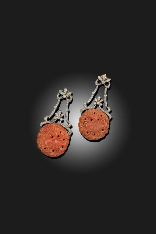 Pair of Silver and Gold Coral Diamond Earrings