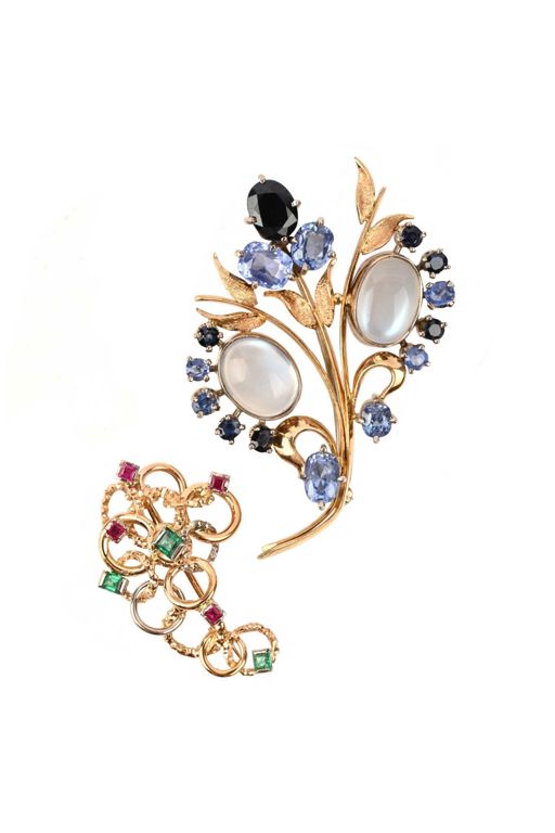 Two 18k Gold Multi-Gem Brooches