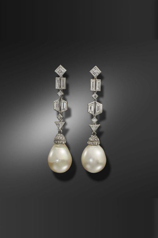 Pair of Platinum Pearl and Diamond Earrings