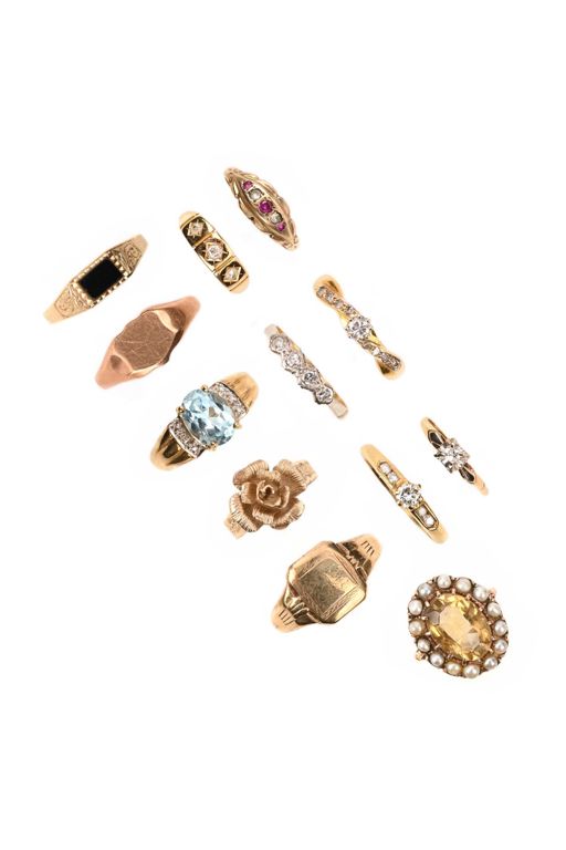 Twelve Gold Multi-Gem Rings