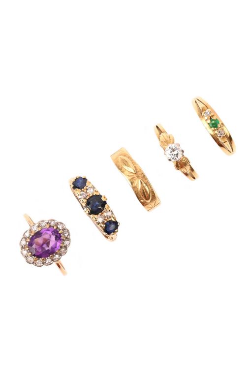 Five Gold Multi-Gem Rings