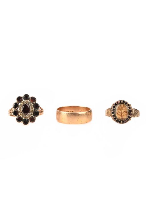 Three Gold Garnet and Pearl Rings