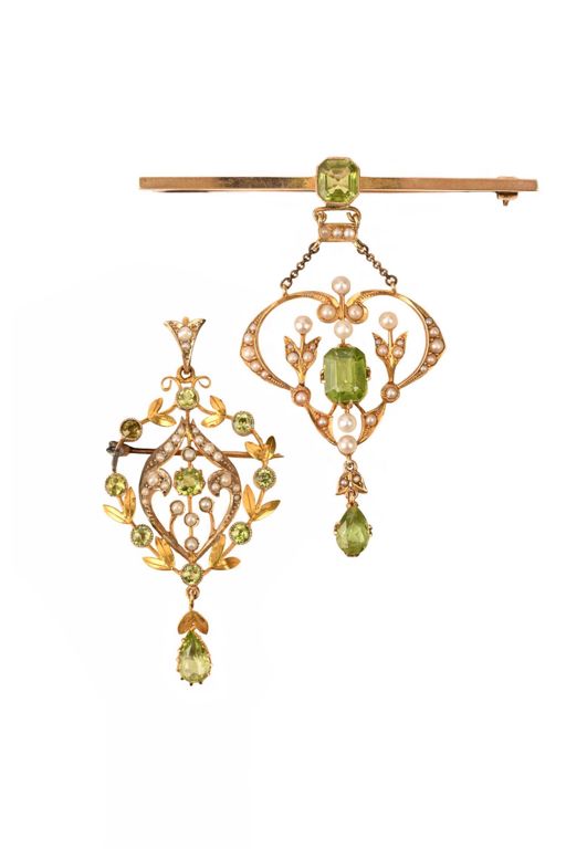 Two Gold Peridot and Pearl Brooches