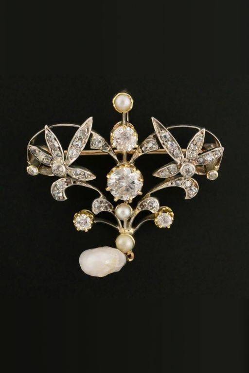 14k Gold Pearl and Diamond Brooch