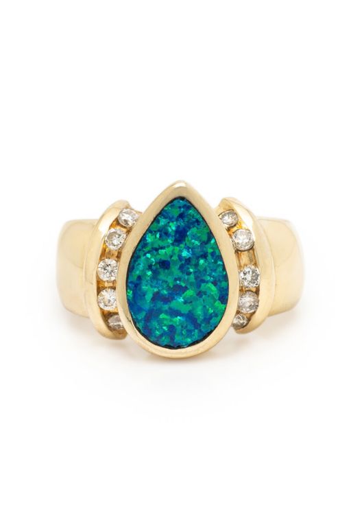 14k Gold Imitation Opal and Diamond Ring