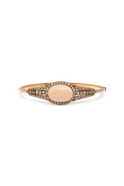 Coral, Diamond and Yellow Gold Bangle Bracelet