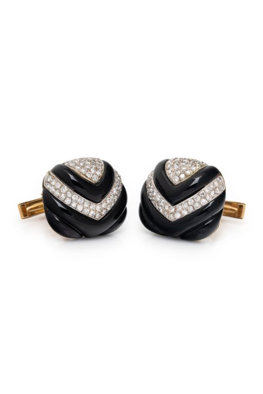 Pair of 18k Gold Onyx and Diamond Cufflinks