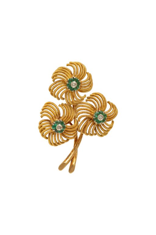 18k Gold Emerald and Diamond Brooch