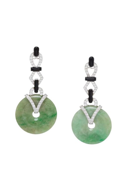 Pair of 18k Gold Jade Diamond and Onyx Earrings