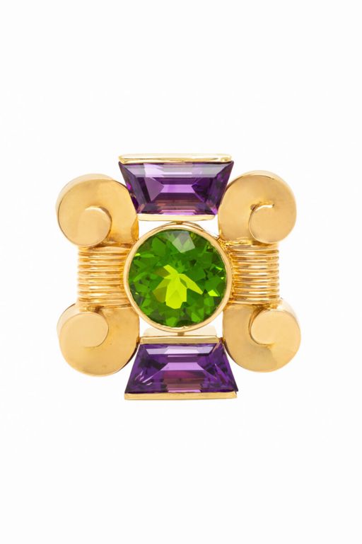 18k Gold Glass and Amethyst Brooch