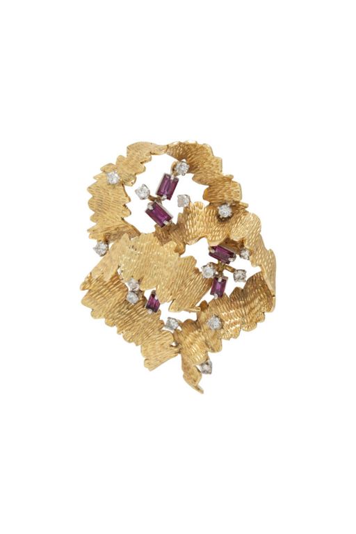 14k Gold Diamond and Ruby Brooch