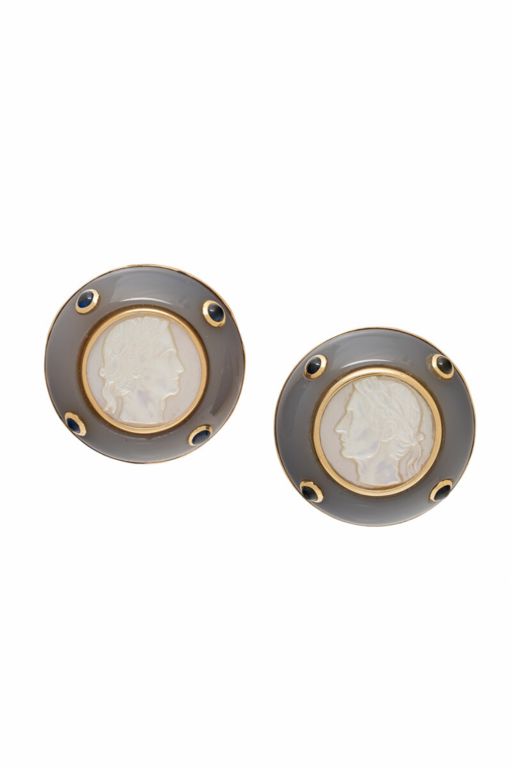 Gold Chalcedony and Sapphire Earrings