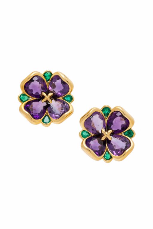 Pair of 18k Gold Amethyst and Emerald Earrings