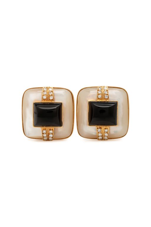 Pair of 14k Gold Onyx and Diamond Earrings