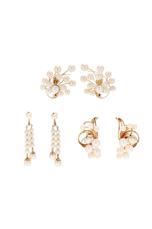 Three Pairs of Gold and Pearl Earrings