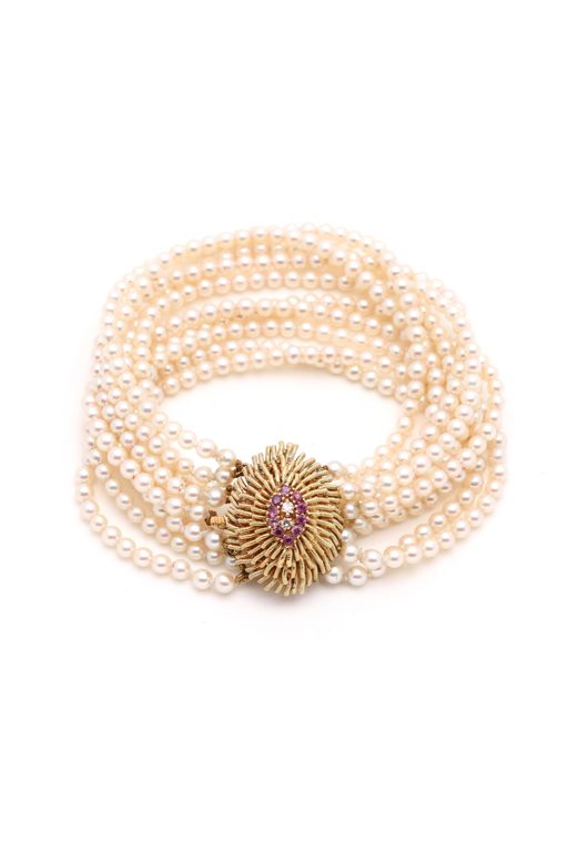 Gold and Gem-Set Multi-Strand Pearl Bracelet