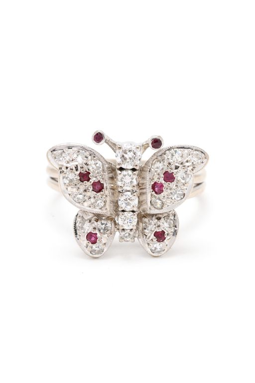 White Gold, Diamond, and Ruby Butterfly Ring