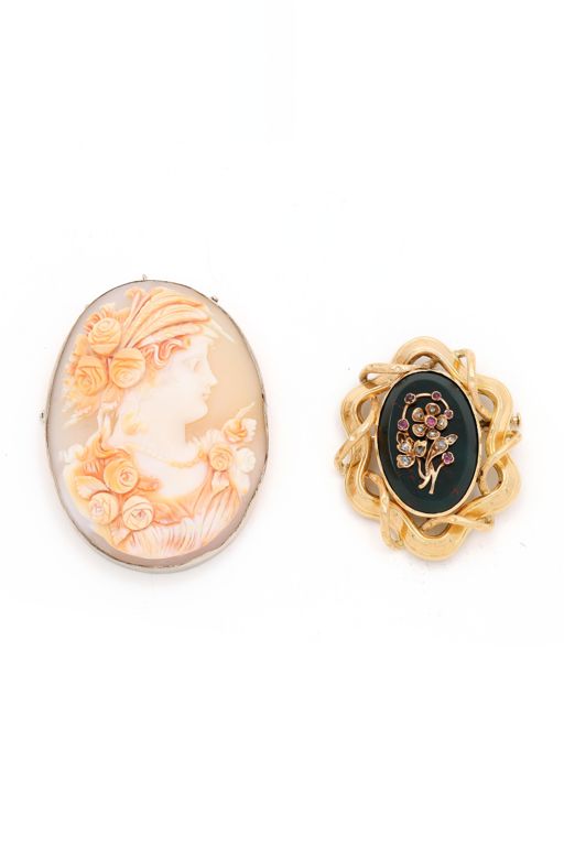 Two Gold Multi-Gem Brooches