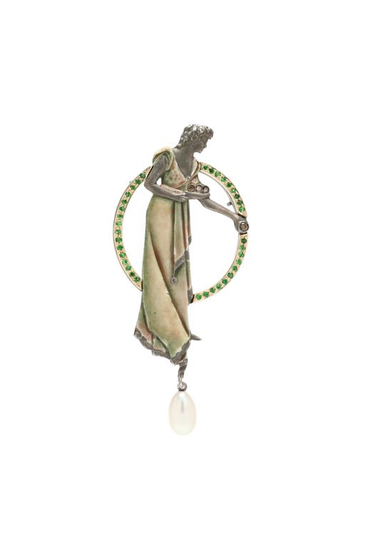 Art Nouveau Silver, Enamel, and Gem-Set Brooch