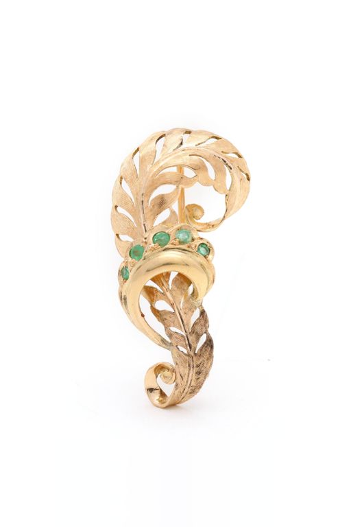 Gold and Emerald Feather Brooch
