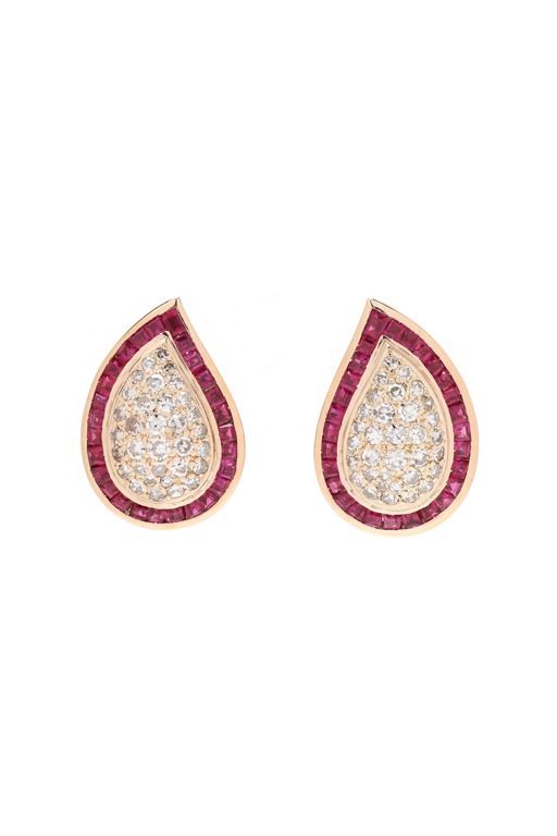 Retro Gold, Synthetic Ruby, and Diamond Earrings