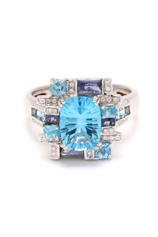 White Gold, Blue Topaz, Iolite, and Diamond Ring