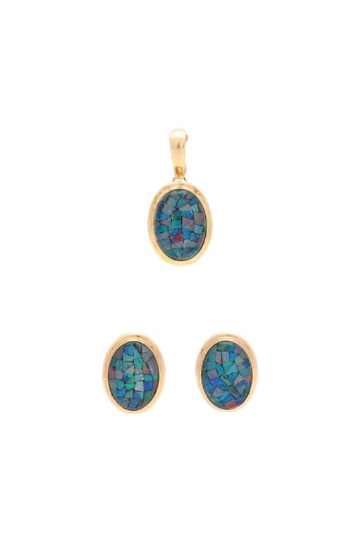 Gold and Composite Opal Pendant and Earrings