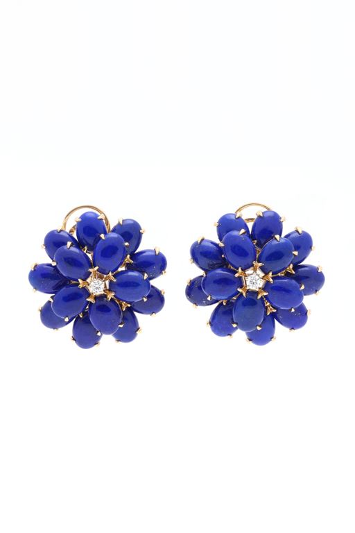 Pair of 18k Gold Lapis Lazuli and Diamond Earrings