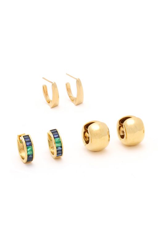 Three Pairs of Gold Sapphire and Emerald Earrings