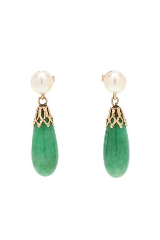 Pair of 14k Gold Pearl and Jadeite Jade Earrings