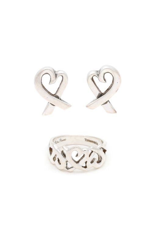 Silver Heart Ribbon Ring and Earrings