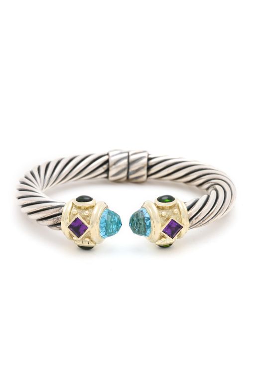 Silver, Gold, and Gem-Set Cable Cuff Bracelet