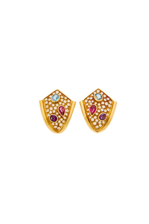 Pair of Gold, Diamond and Colored Stone Earclips