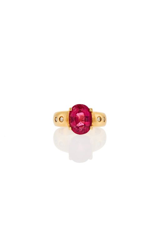 14k Gold Rubellite and Diamond Ring