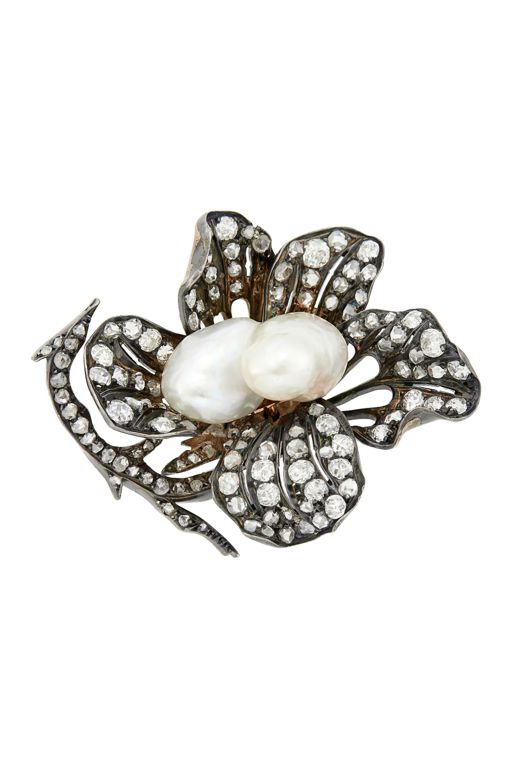 Baroque Cultured Pearl and Diamond Flower Brooch