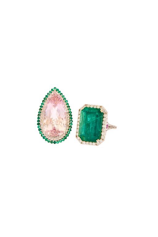 Two Kunzite, Emerald, Sapphire and Diamond Rings
